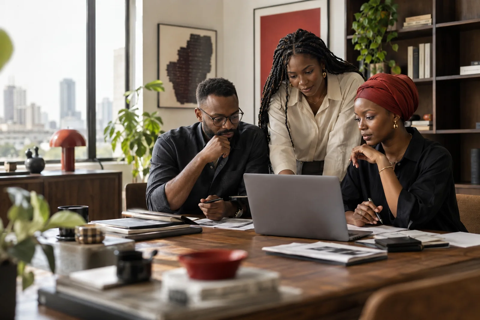 African business strategy and creative team collaborating in a contemporary workspace