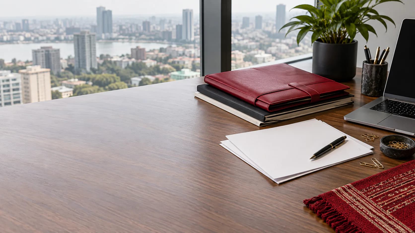 Compliance documents arranged in a professional workspace